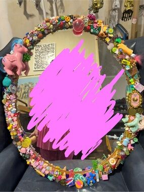Vintage Wooden Trinket Mirror with Colorful Eclectic Embellishments